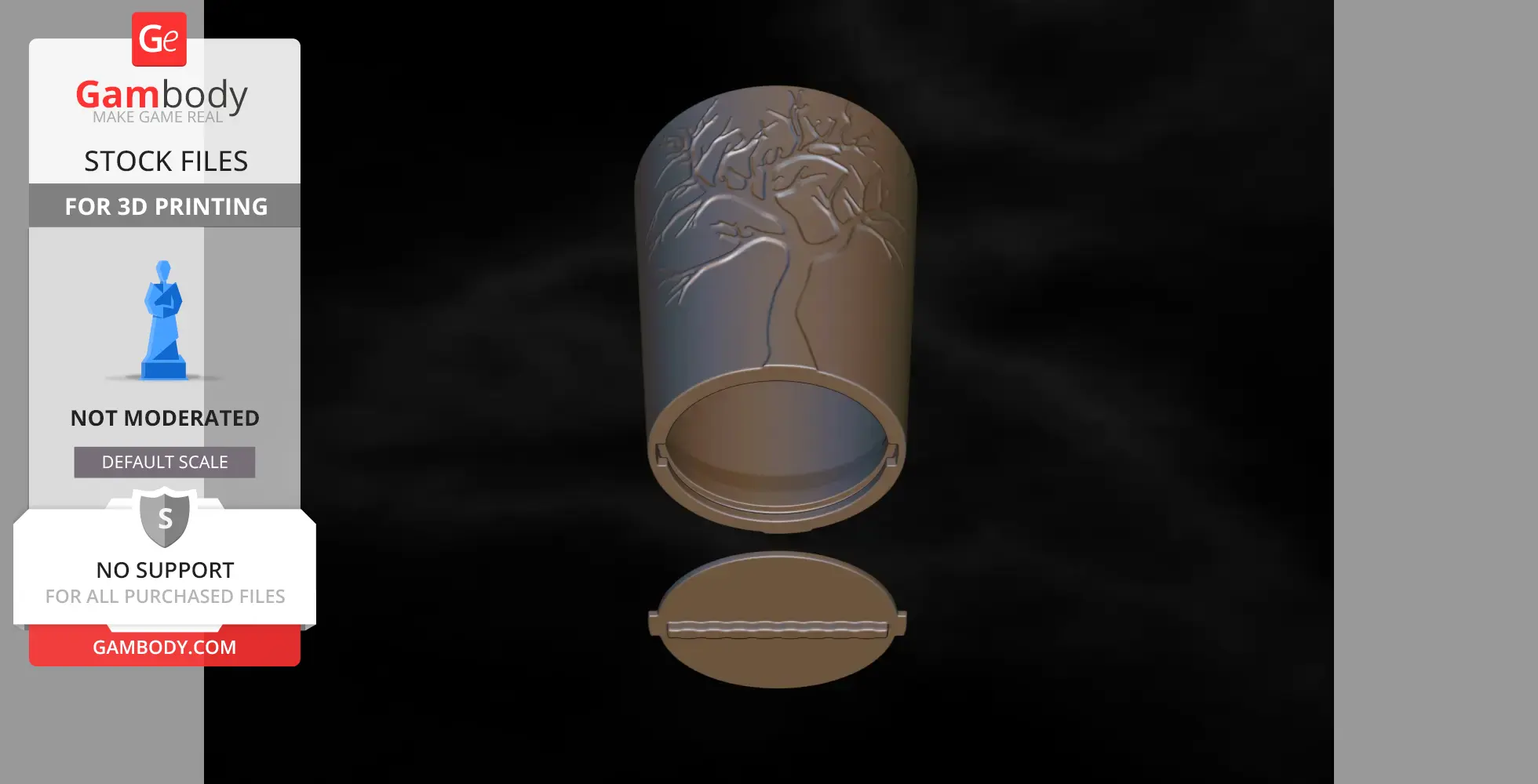A cylindrical vase with a tree relief and a detachable base for a secret compartment.