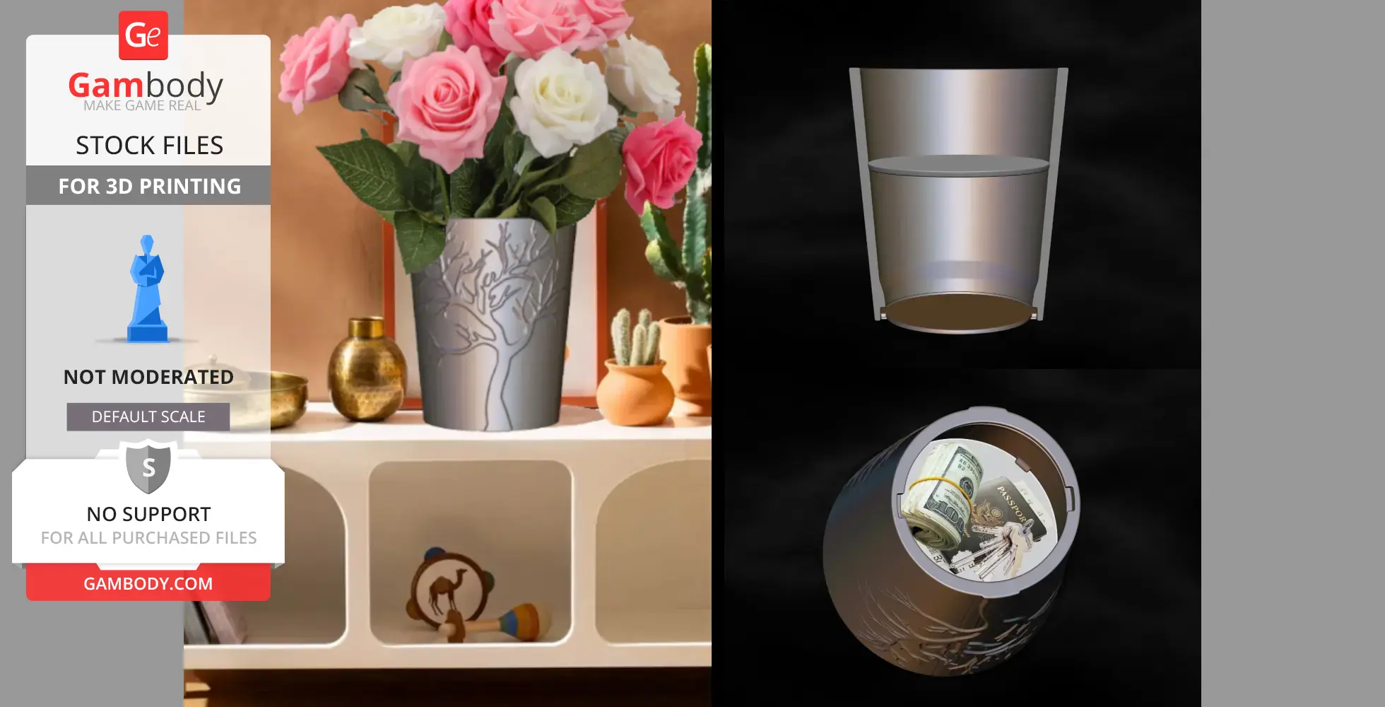 A flower vase with a tree design and a hidden compartment for storing valuables.