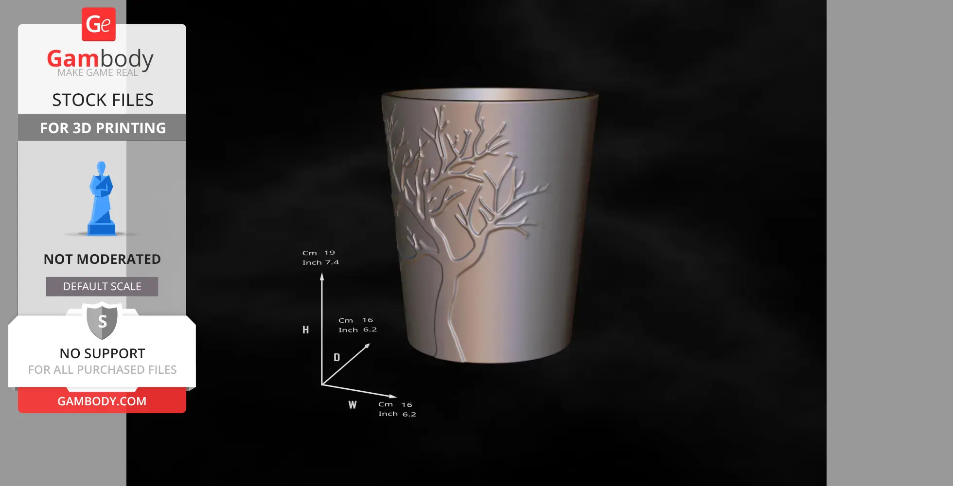 A cylindrical vase with tree branch design and hidden compartment, suitable for 3D printing.