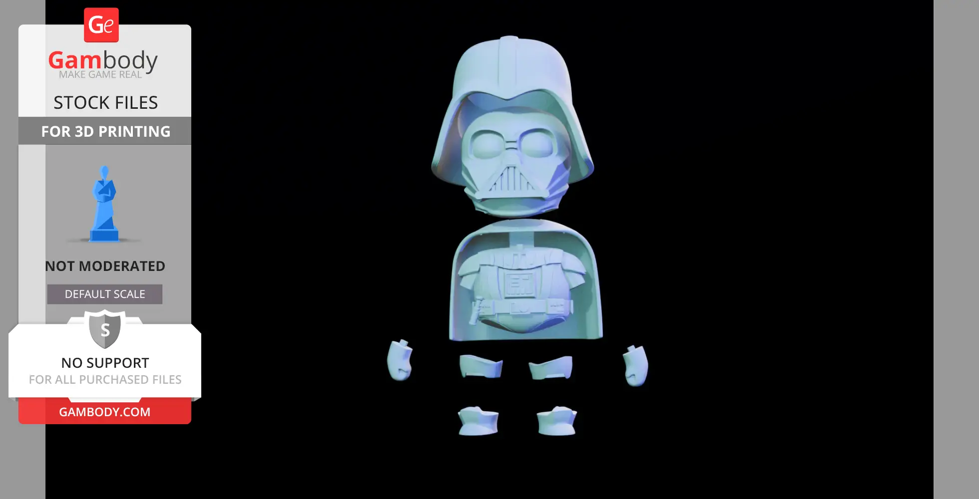 Chibi-style Lord Vader 3D model with separate body parts, designed for 3D printing.