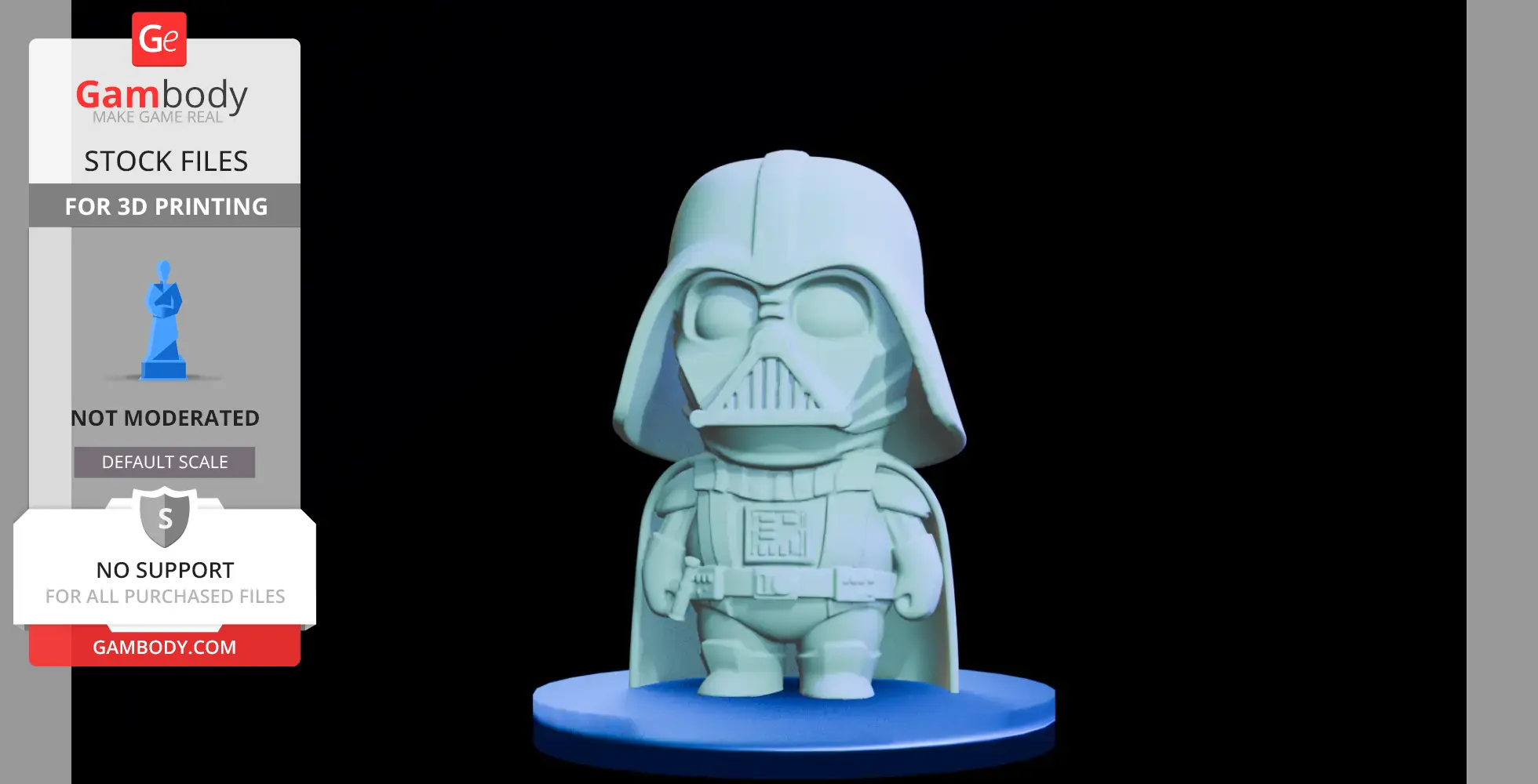 Chibi-style Lord Vader figurine on a blue base, designed for 3D printing, with a cute, simplified appearance.
