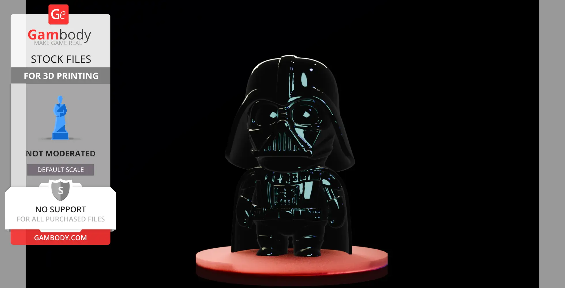 Chibi-style statue resembling a sci-fi character in black armor on a red base, ideal for 3D printing.