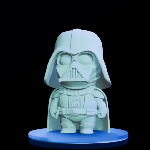 Chibi-style Lord Vader figure with large helmet and cape on a round blue base.