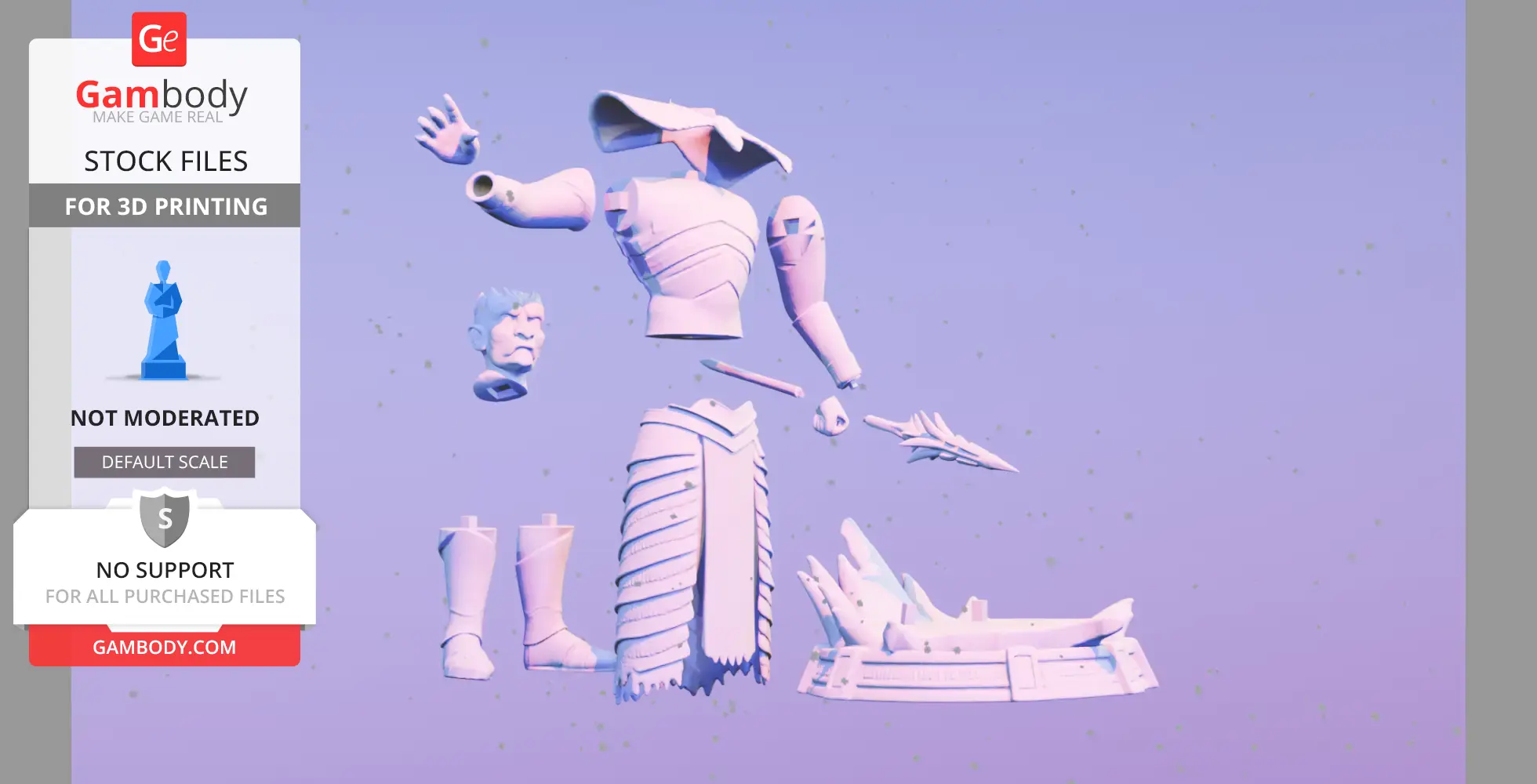 Disassembled 3D model parts of a character figure, including head, torso, arms, legs, and base.