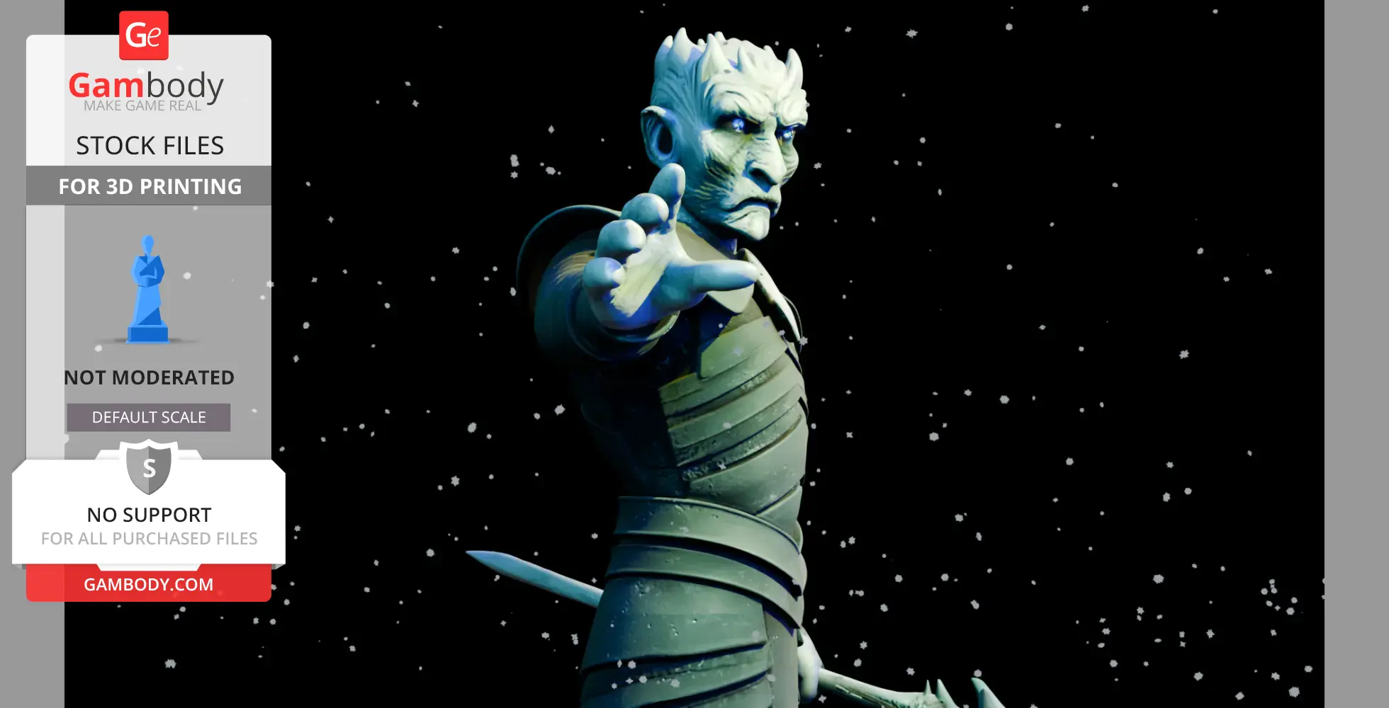 3D model of a menacing figure with armor, reaching forward, set against a starry night background.