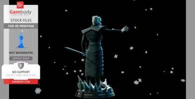 A 3D model of a cloaked figure with a sword, standing on an icy base, surrounded by floating snowflakes.