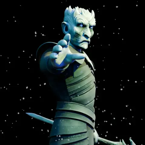 A 3D model of an armored figure with outstretched hand, detailed face, and a background of falling snow.