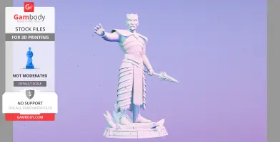 A 3D-printed model of a warrior in armor, holding a spear, standing on a detailed base.