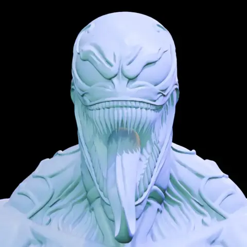A menacing Venom bust with sharp teeth and extended tongue, designed for 3D printing.