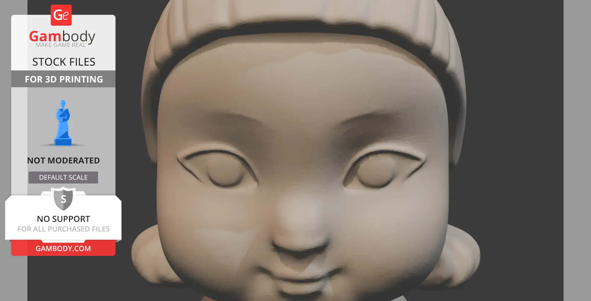 3D model of a doll's face with closed eyes, designed for 3D printing, from Gambody.