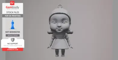 3D model of a stylized doll with a dress and pigtails for 3D printing.