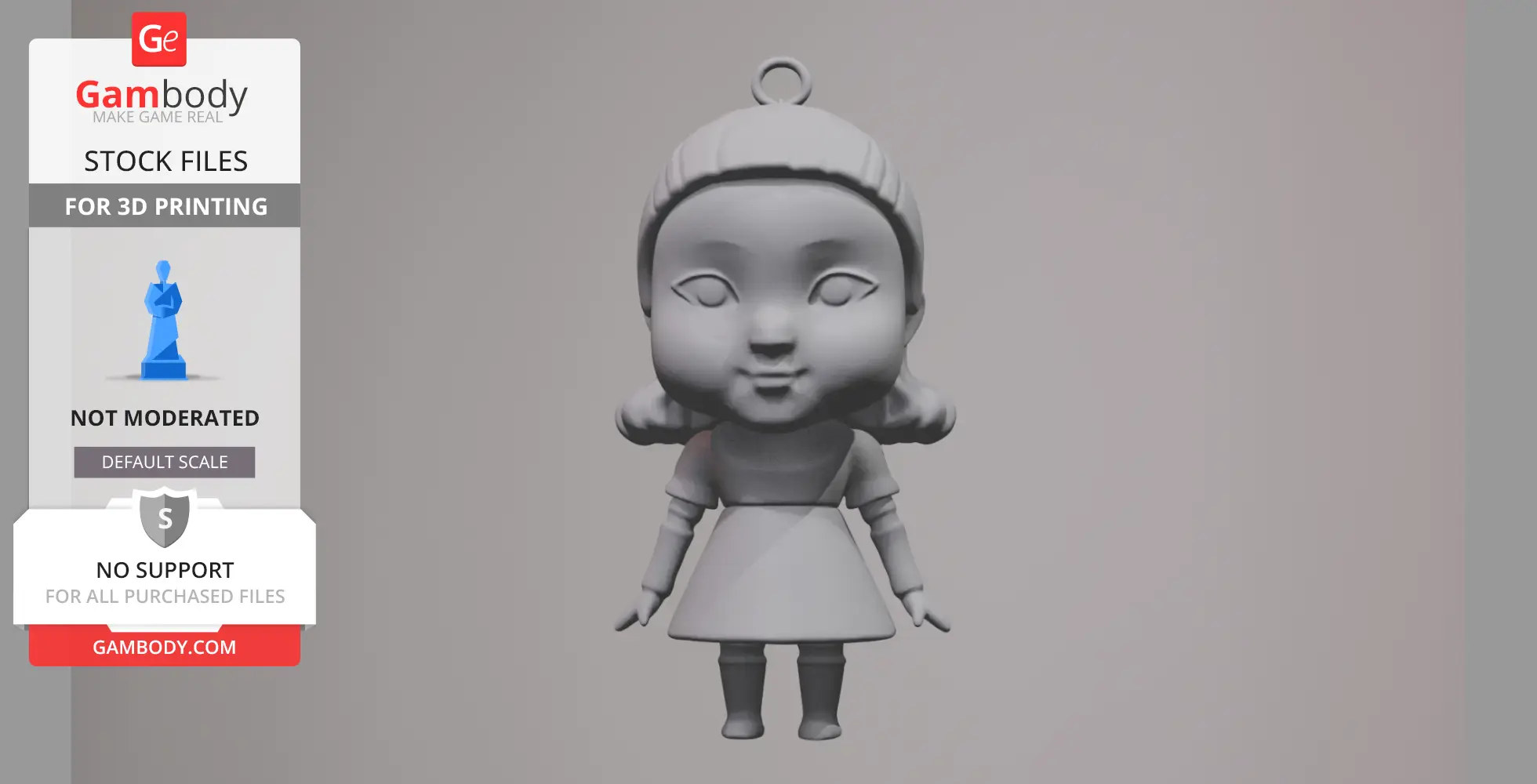 3D model of a stylized doll with a dress and pigtails for 3D printing.