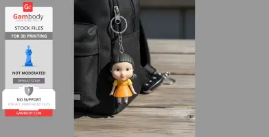 Keychain of a doll with orange dress attached to a backpack zipper on a wooden surface.