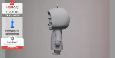 Side view of a stylized 3D printed doll with geometric facial features and a hood.
