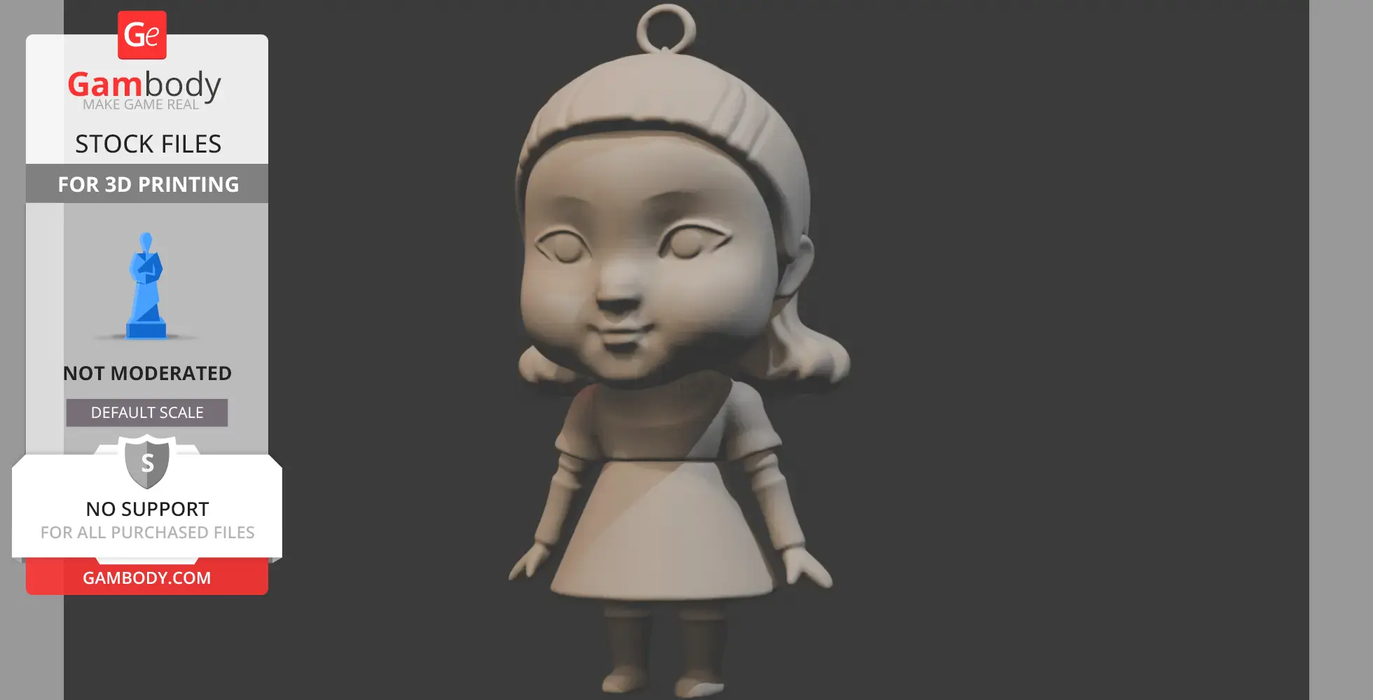 3D model of a stylized doll with a dress, big head, and small body, suitable for printing.