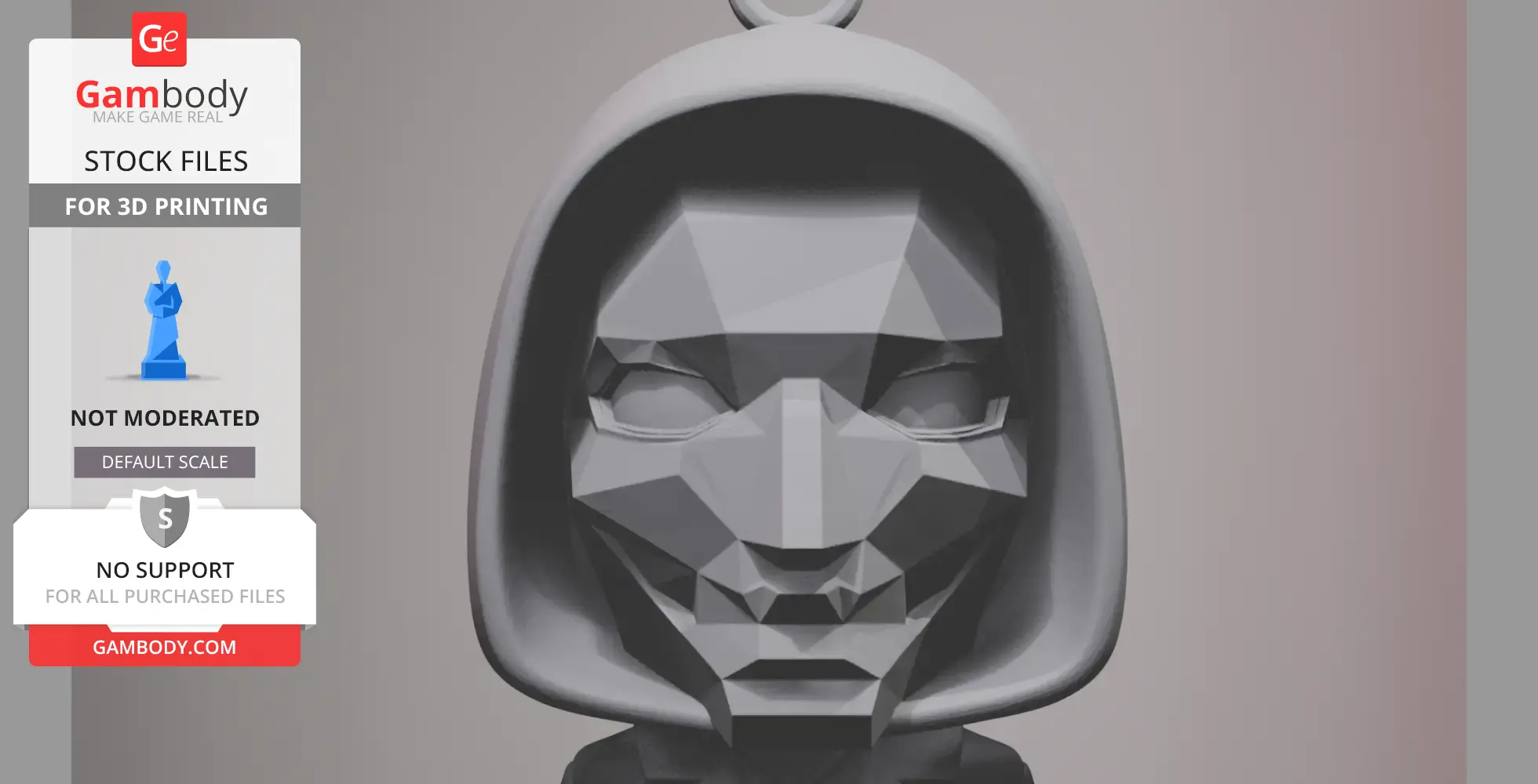 Faceted 3D model of a hooded figure's head, designed for 3D printing.