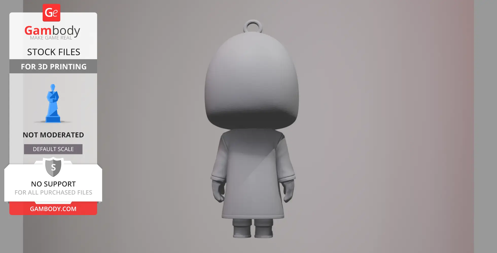 3D model of a hooded figure from the back, designed for 3D printing, on a promotional display.