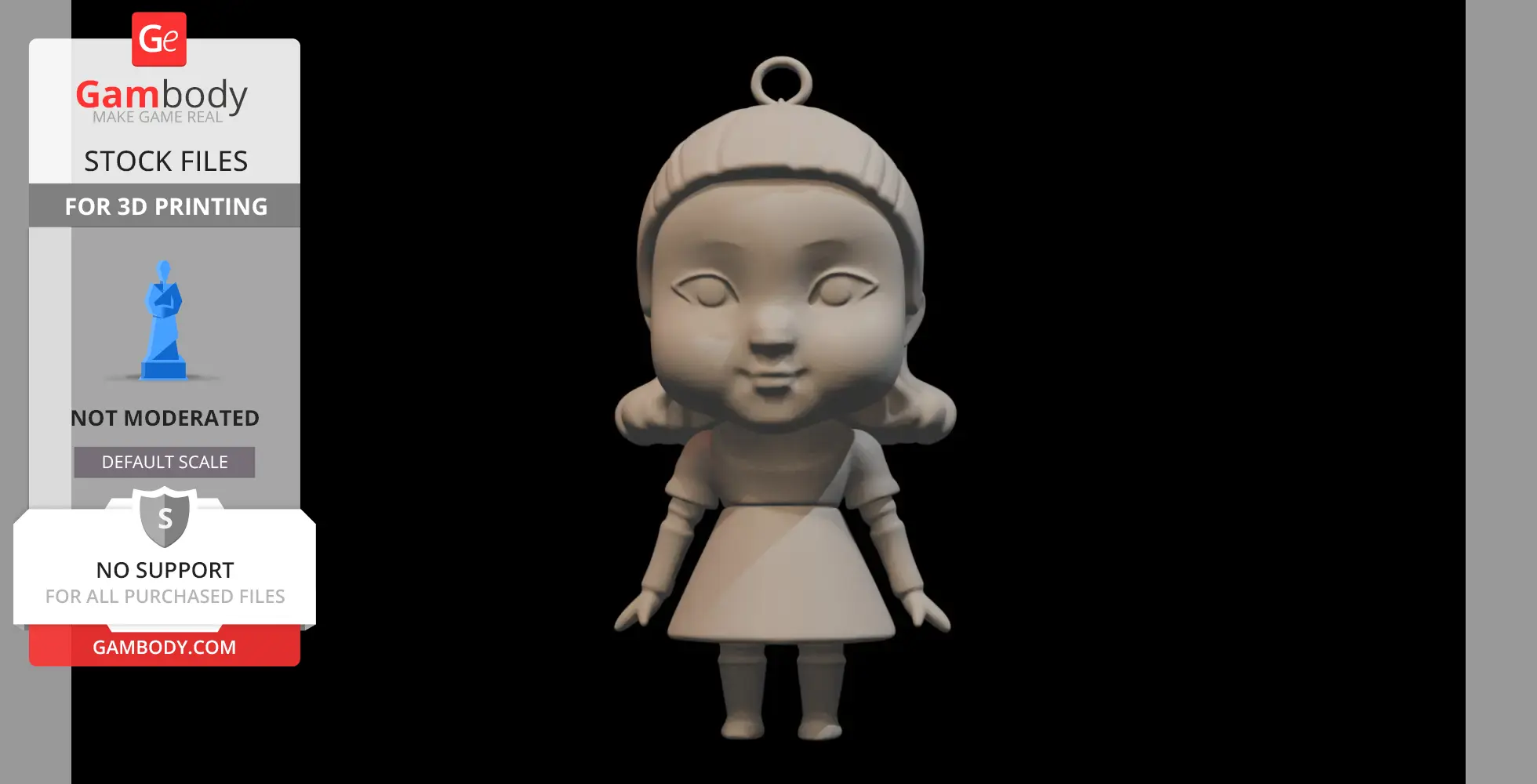 3D model of a stylized doll with pigtails, wearing a dress, designed for 3D printing.