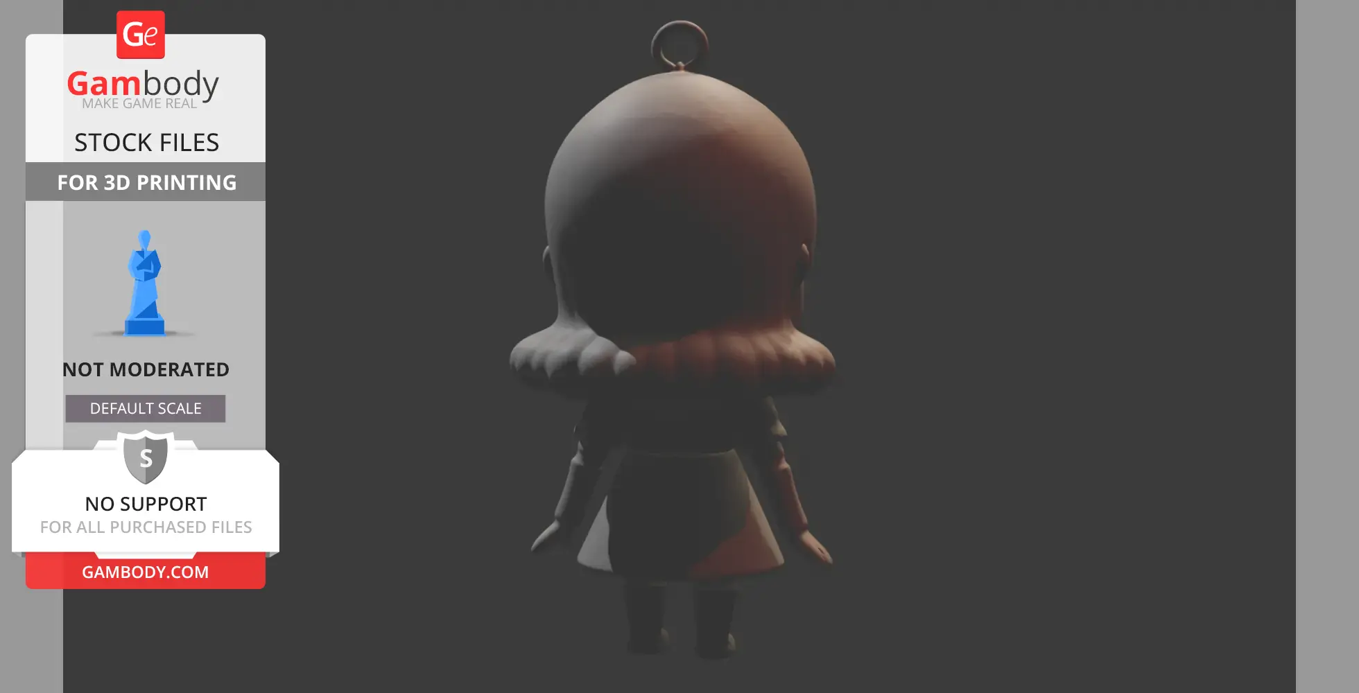 Back view of a 3D printable doll model with a ring on top, designed for a collector's kit.