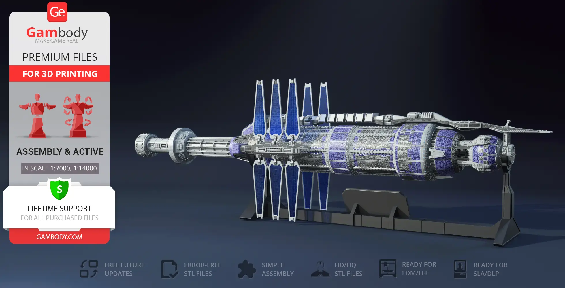 A detailed 3D model of the Babylon 5 space station, displayed on a stand for 3D printing.