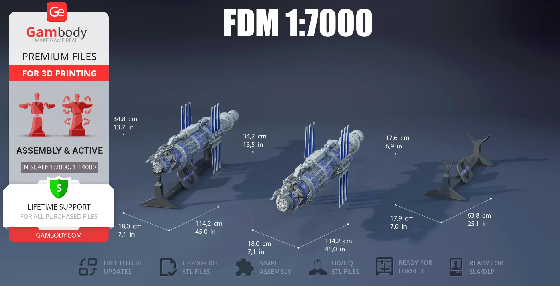 Three detailed Babylon 5 station 3D models on stands, each labeled with dimensions in cm and inches.