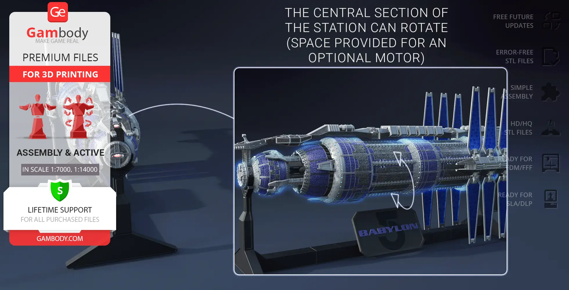 Detailed 3D model of the Babylon 5 space station with rotating central section and assembly instructions.