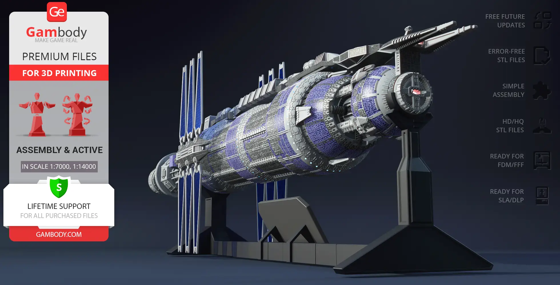 Detailed 3D model of Babylon 5 station with blue and gray textures on a display stand.