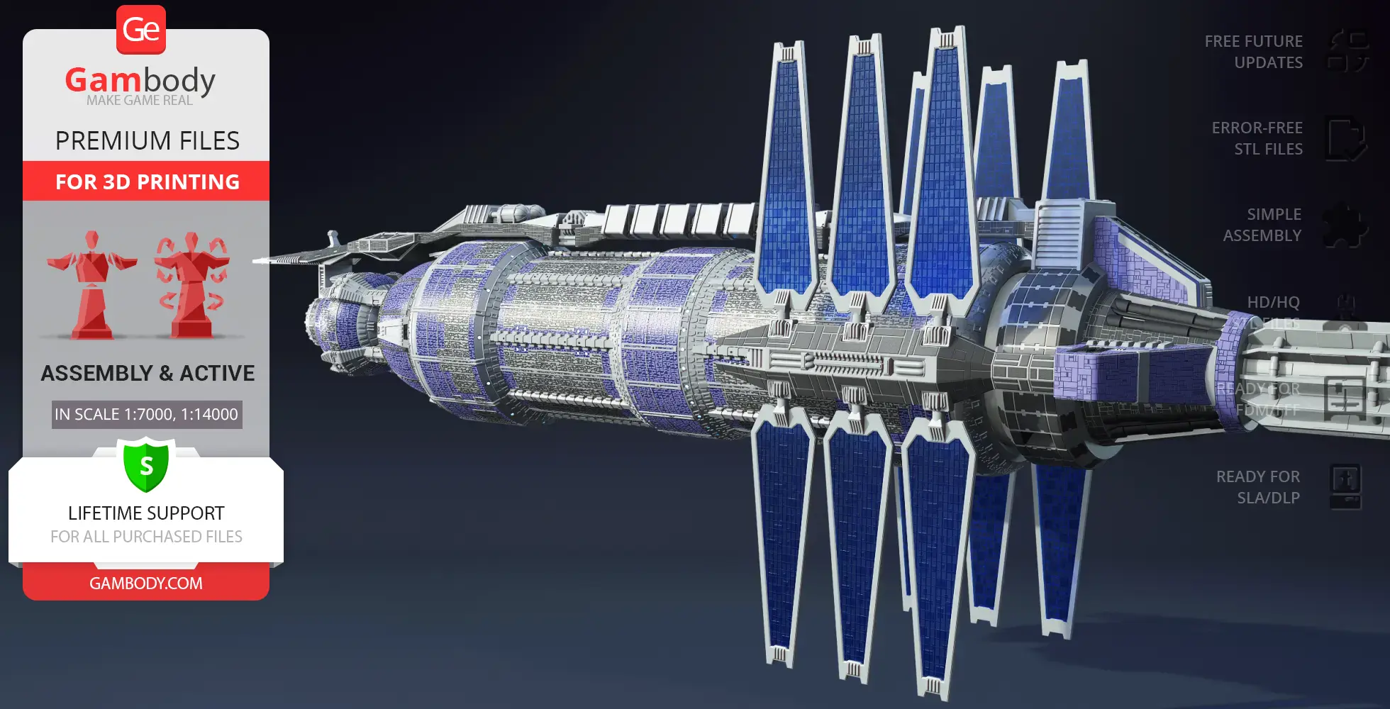 3D model of the Babylon 5 space station with blue solar panels, designed for 3D printing by Gambody.