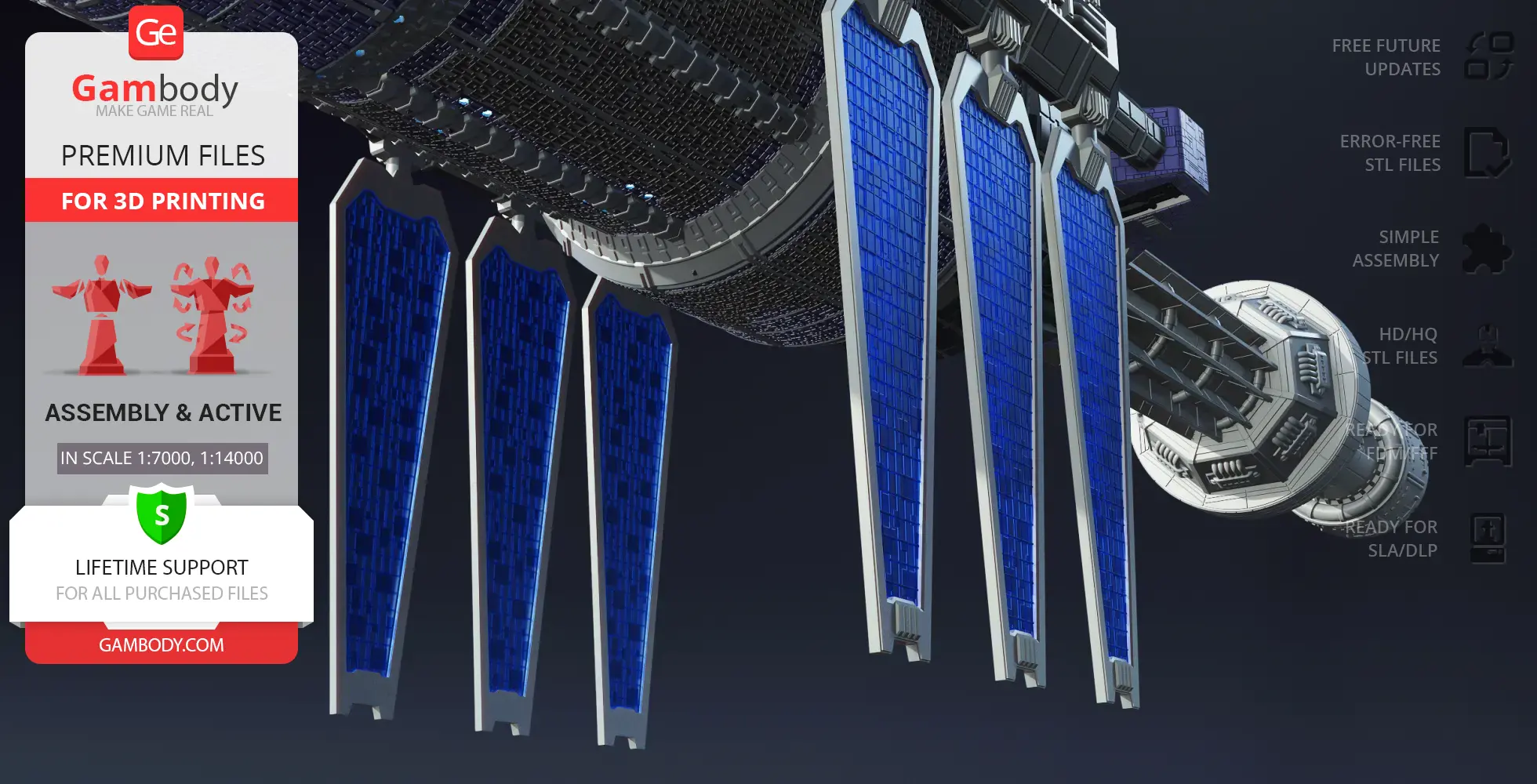A detailed 3D model of the Babylon 5 space station with blue solar panels, available for 3D printing.