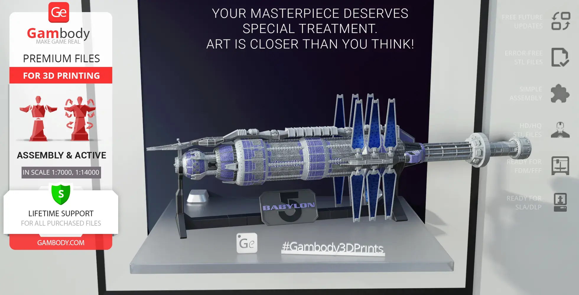 Detailed 3D model of Babylon 5 space station, ready for 3D printing, shown on display stand.