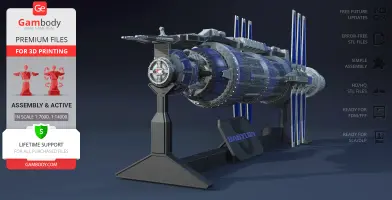 A detailed 3D model of the Babylon 5 space station on a stand, labeled for 3D printing by Gambody.