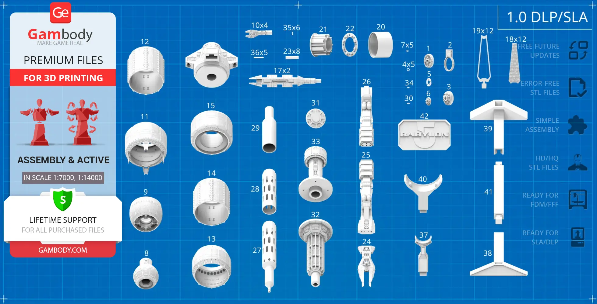 Collection of Babylon 5 station 3D model parts on blueprint-style background with assembly guide.