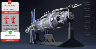 Detailed 3D model of Babylon 5 station with blue and gray textures on a display stand.