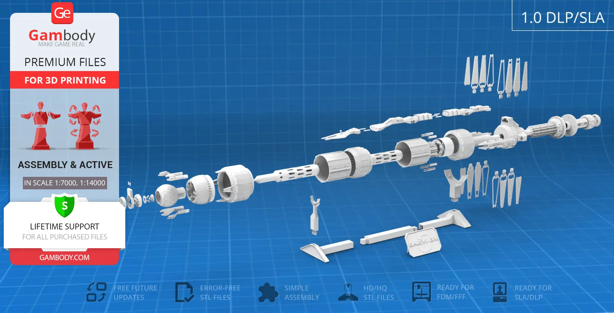 Exploded view of Babylon 5 station 3D model parts for assembly on blue grid background.