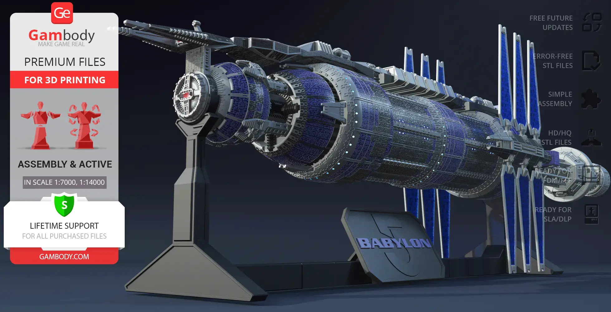 Detailed 3D model of Babylon 5 space station, displayed on a stand, for 3D printing.