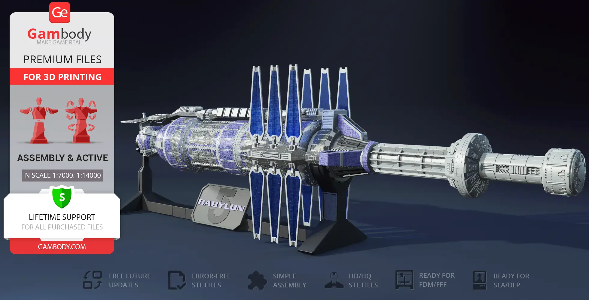 Detailed 3D model of the Babylon 5 space station on display stand, ready for 3D printing.