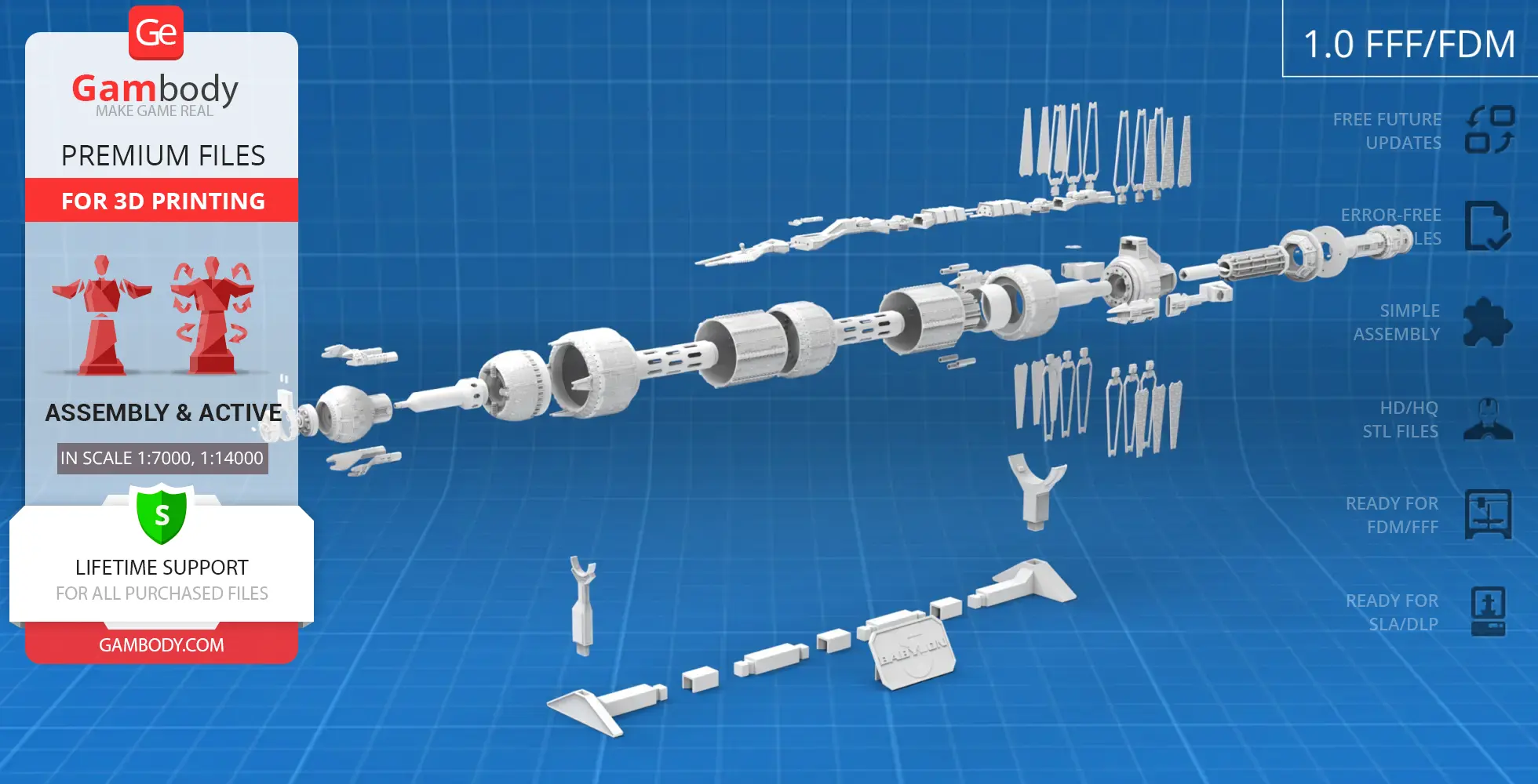 Exploded view of Babylon 5 station 3D model parts for printing, displayed on a grid background.
