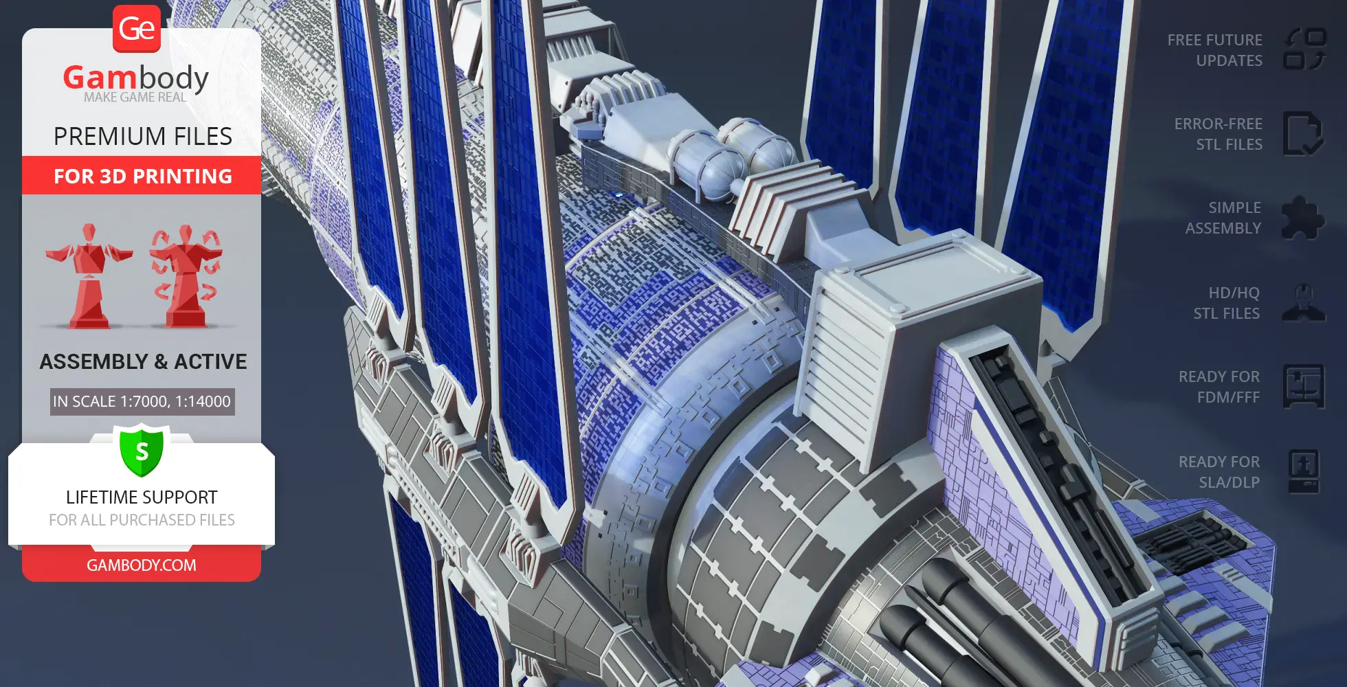 Detailed 3D model of Babylon 5 space station with blue solar panels and intricate surface textures.
