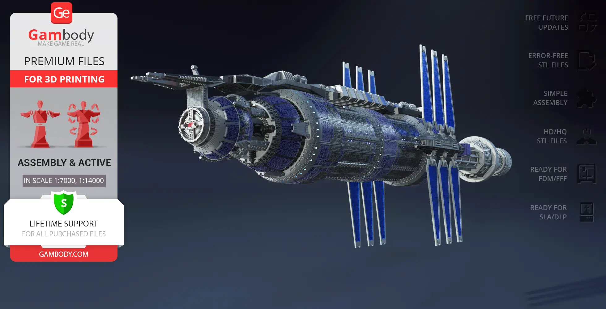 A detailed 3D model of the Babylon 5 space station with blue solar panels, ready for 3D printing.