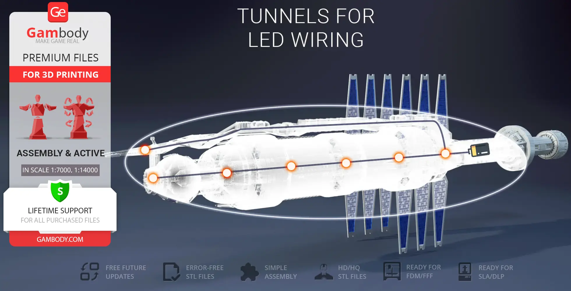 A 3D model of the Babylon 5 station with highlighted LED wiring tunnels, for 3D printing.
