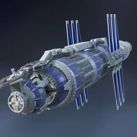 A detailed 3D model of the Babylon 5 space station, featuring intricate textures and structures.