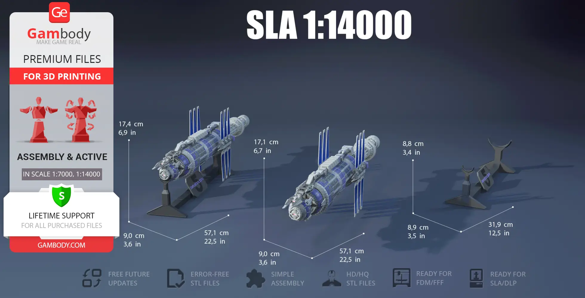 Three detailed 3D models of the Babylon 5 station with dimensions, labeled SLA 1:14000.
