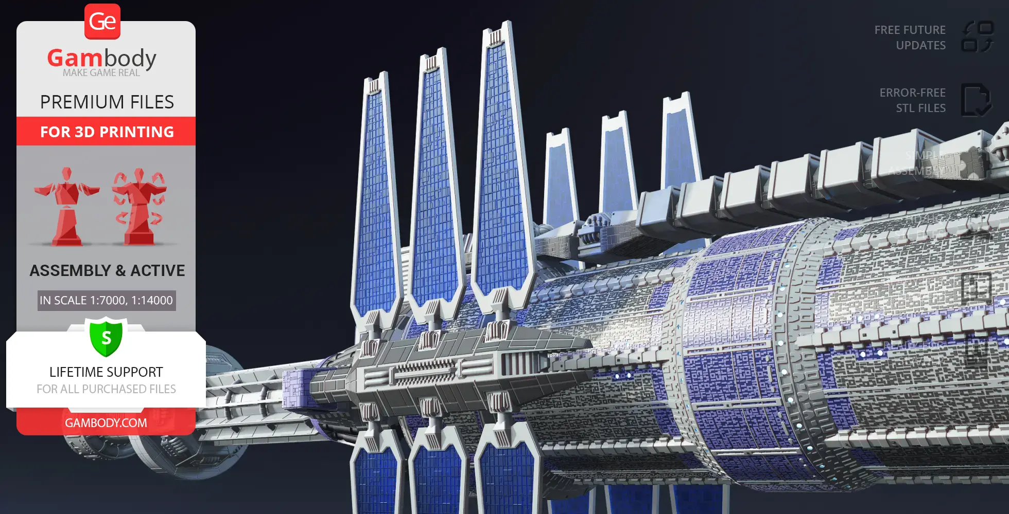 A detailed 3D model of the Babylon 5 space station with blue solar panels and intricate textures.