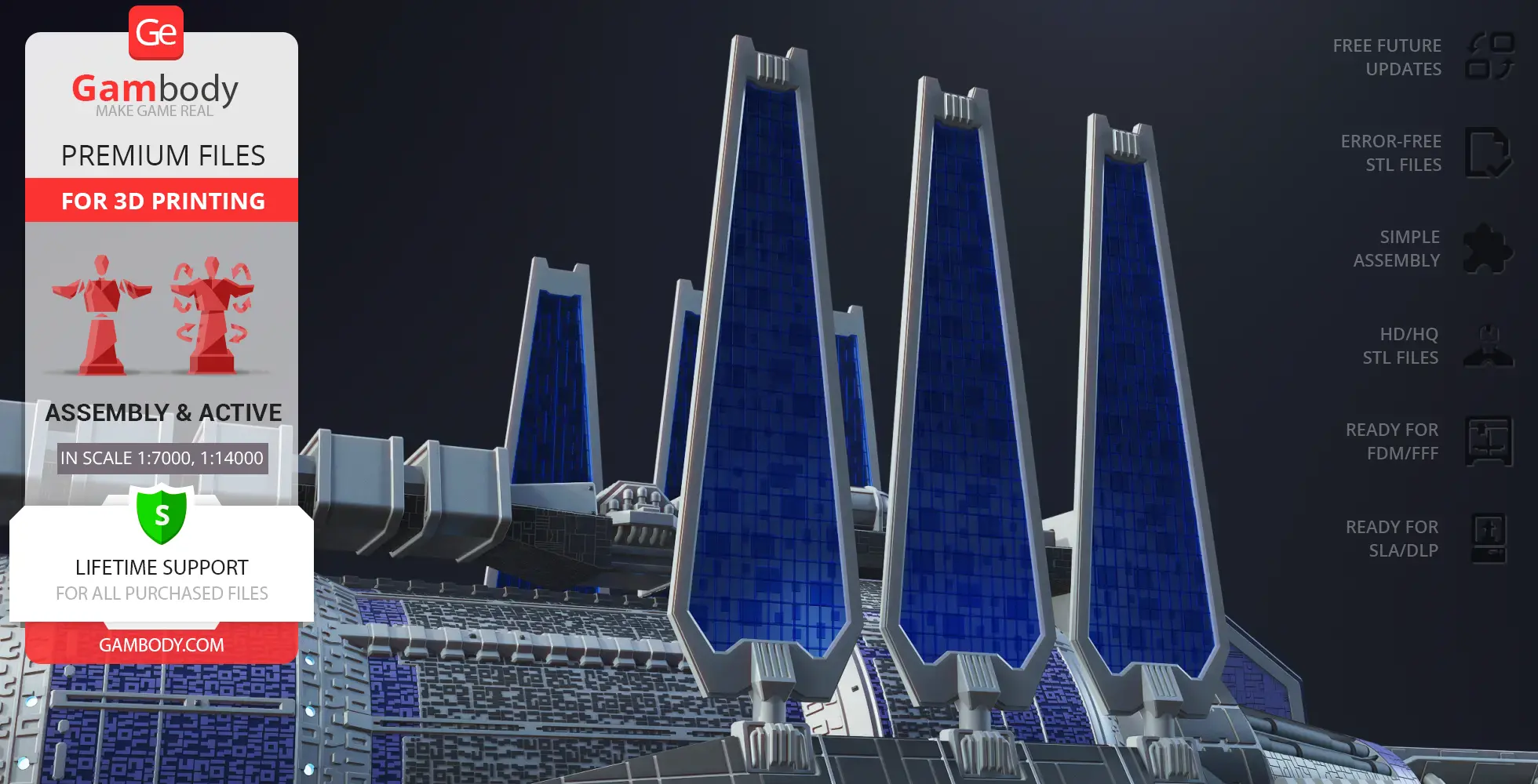 A 3D model of Babylon 5 space station with blue-tinted vertical structures and detailed textures.