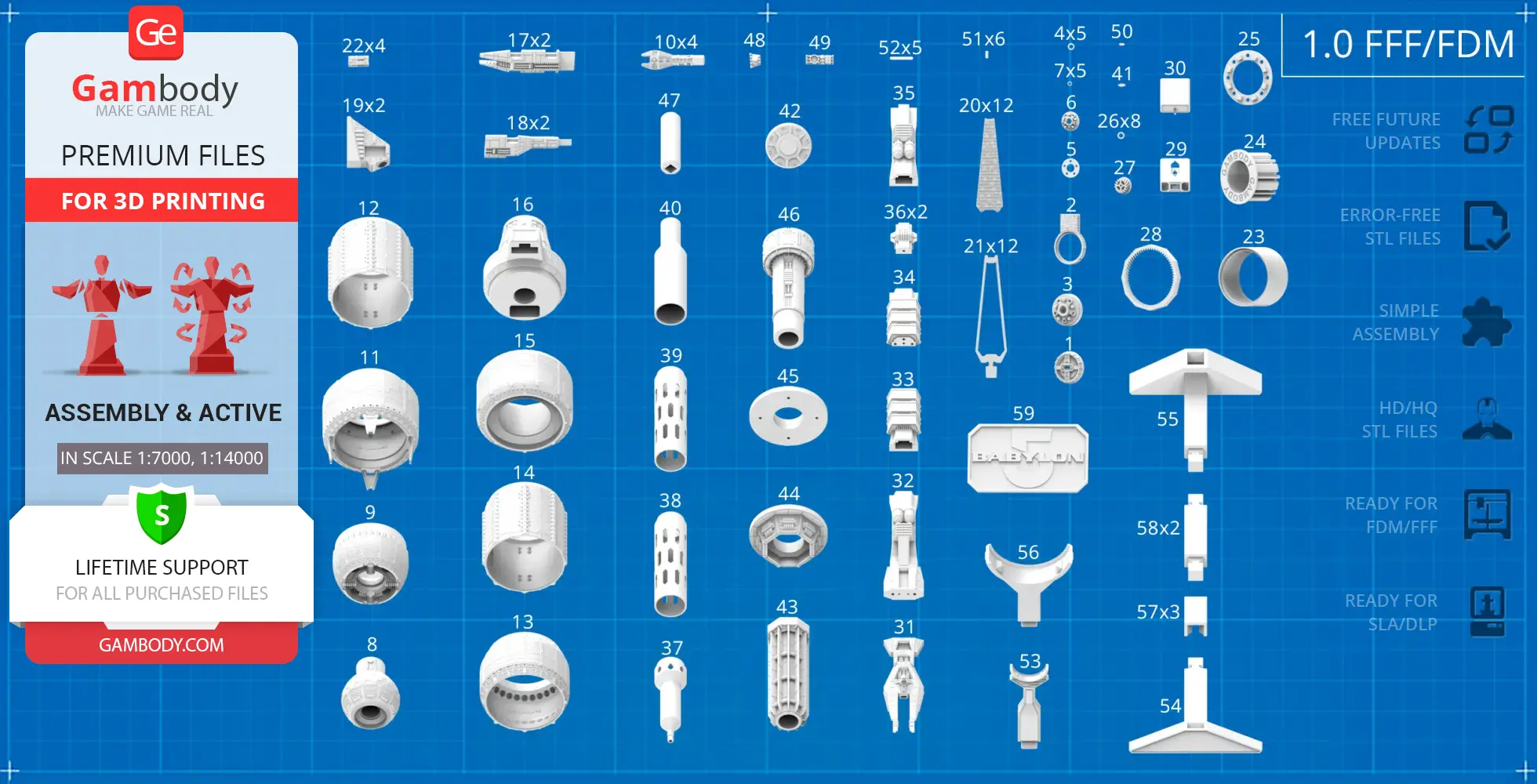 Blueprint of Babylon 5 station components for 3D printing, showcasing various labeled parts and assembly details.