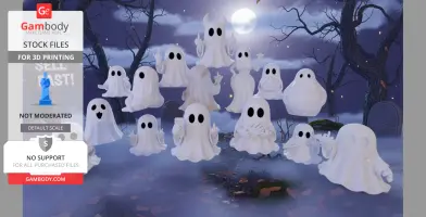 Cute cartoon ghosts in various playful poses under a moonlit, foggy night sky.