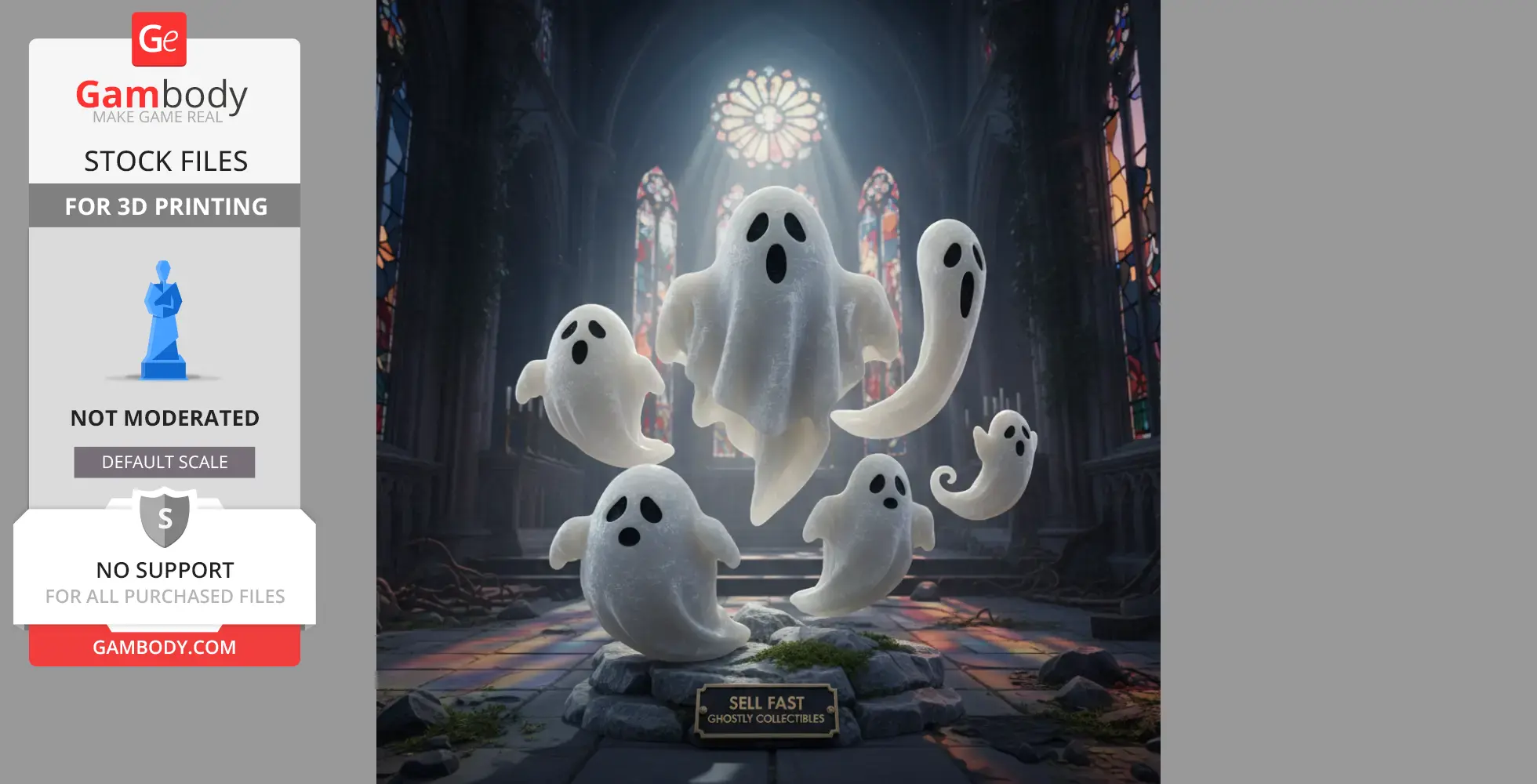 Cute ghost models hover in a dim, gothic church setting with stained glass windows.