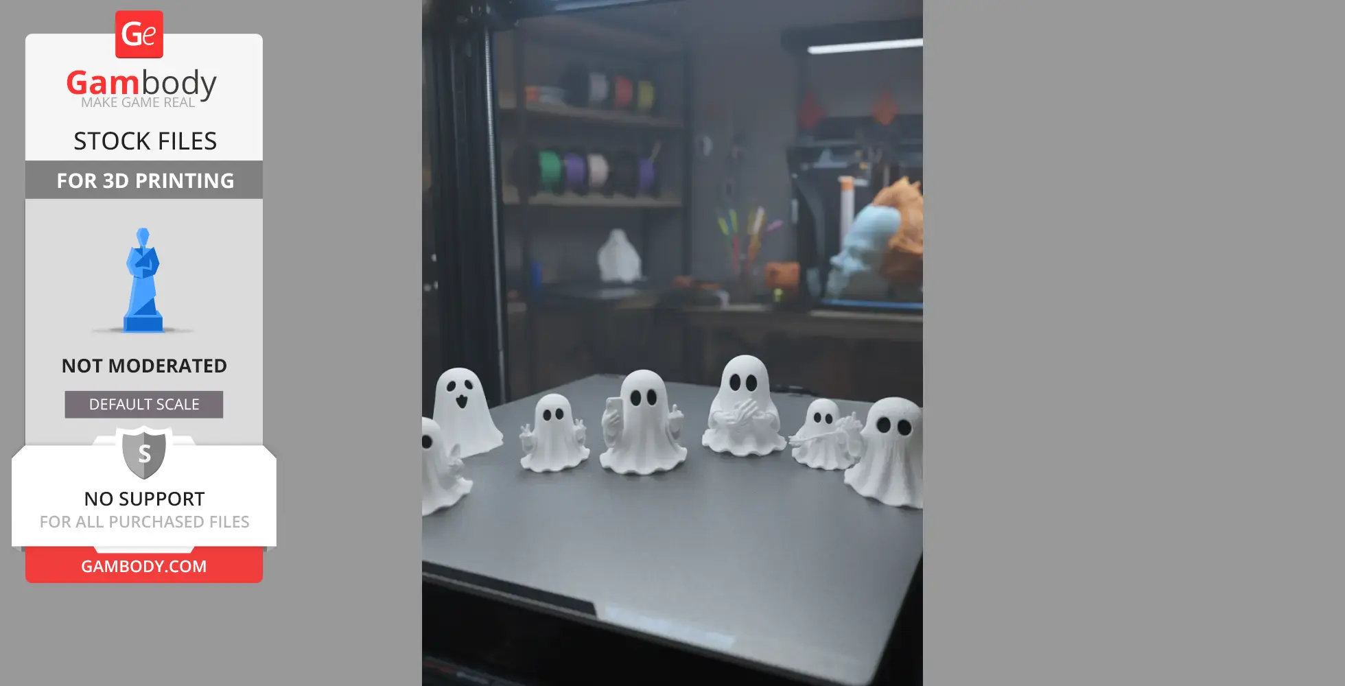 Cute 3D-printed ghost figurines with playful poses on a 3D printer tray.