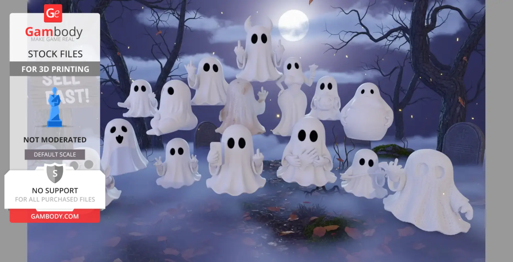 Cute cartoon ghosts in various playful poses under a moonlit, foggy night sky.