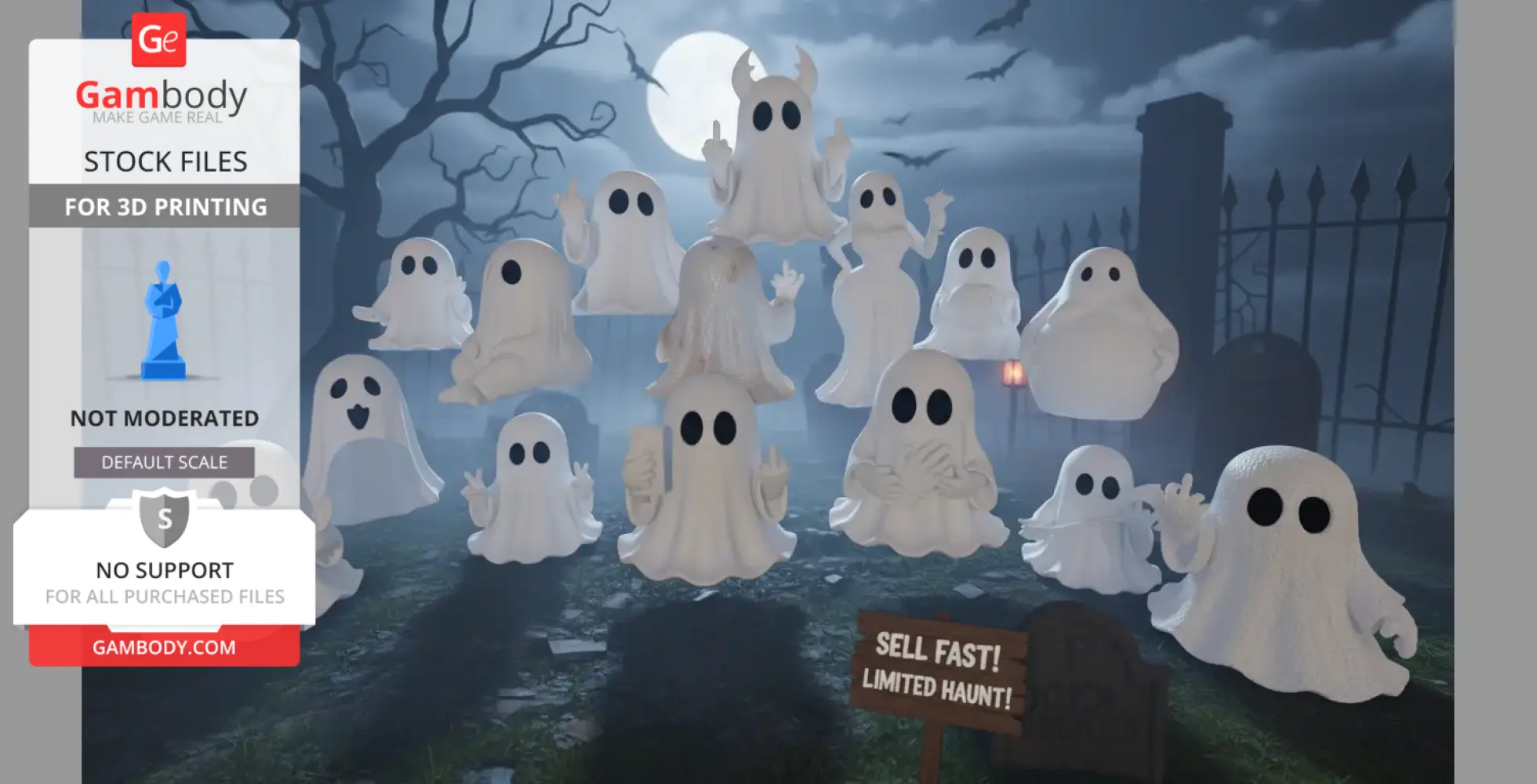 A collection of playful ghost models in a spooky, moonlit graveyard setting.